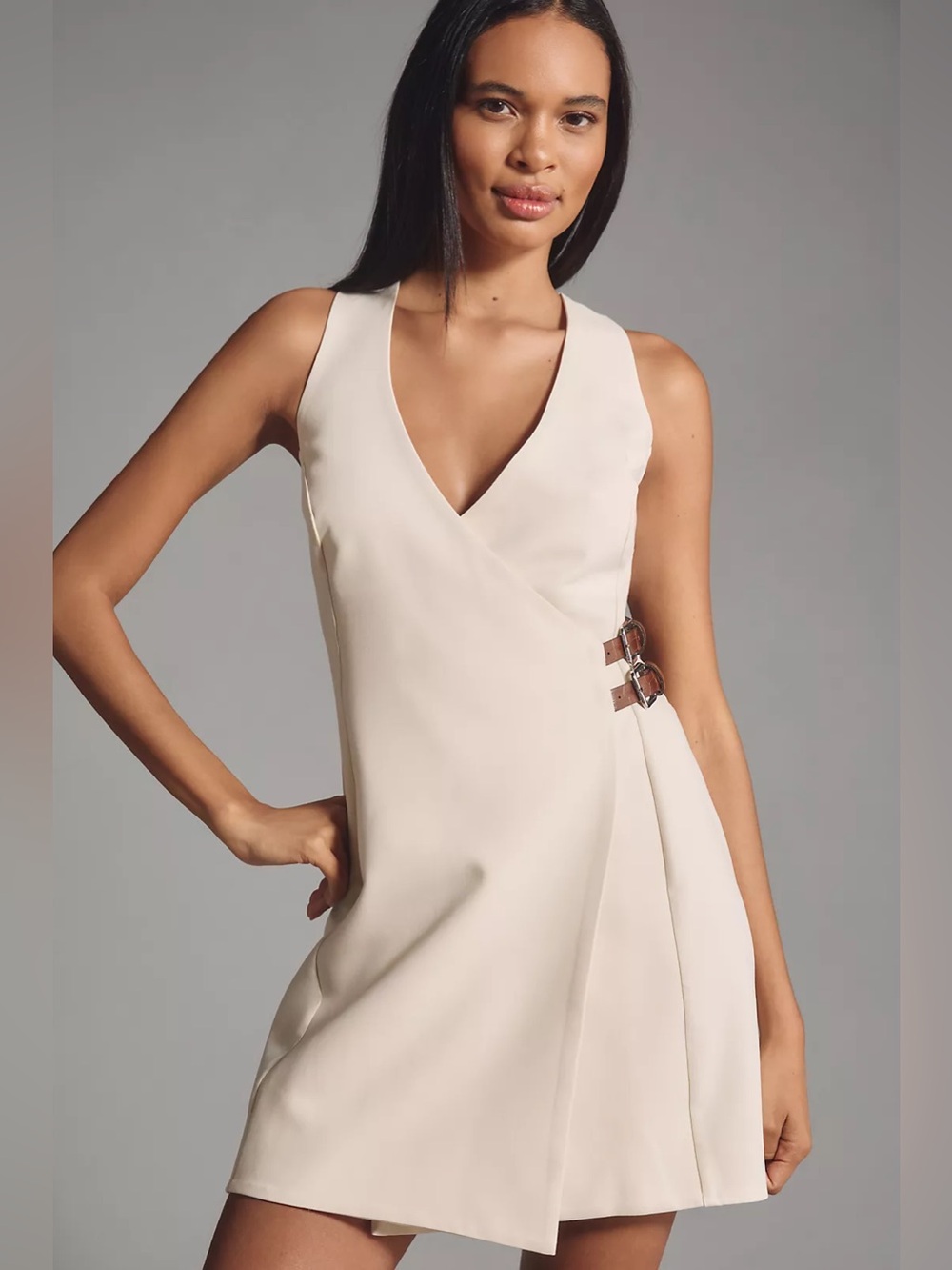 Anthropologie Cream Wrap Mini Dress with Buckle Detail
